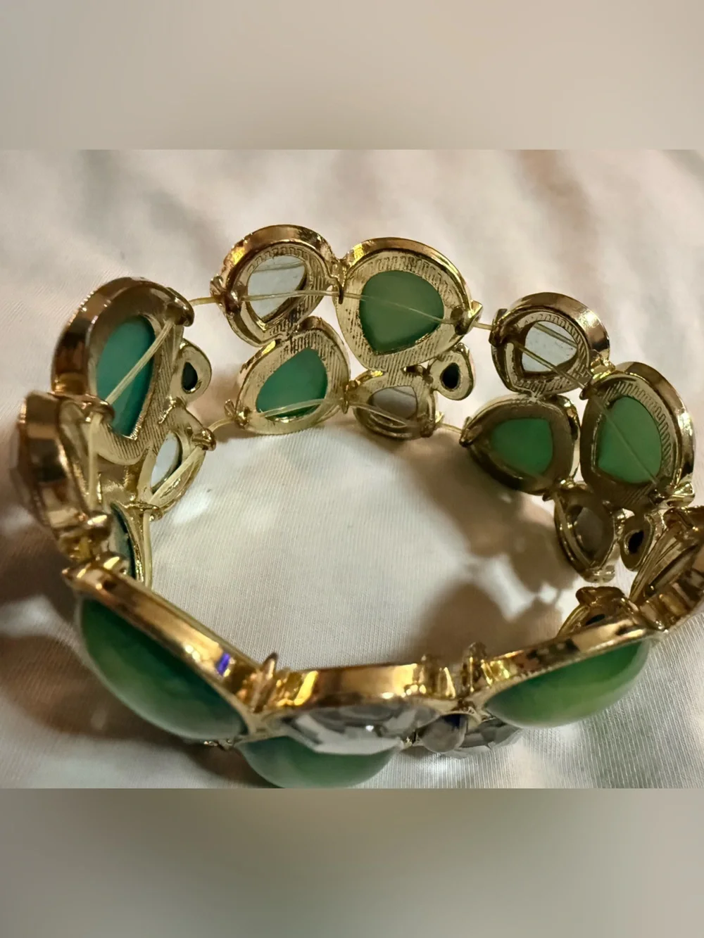 Vintage Gold Tone Teardrop Green & Clear Bezel Set Cuff Bangle Bracelet